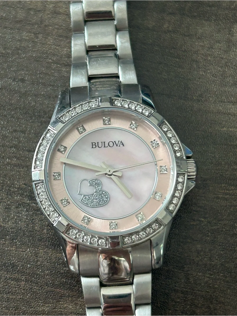 Bulova Silver Watch with Pink Mother-of-Pearl Dial and Crystal Accents